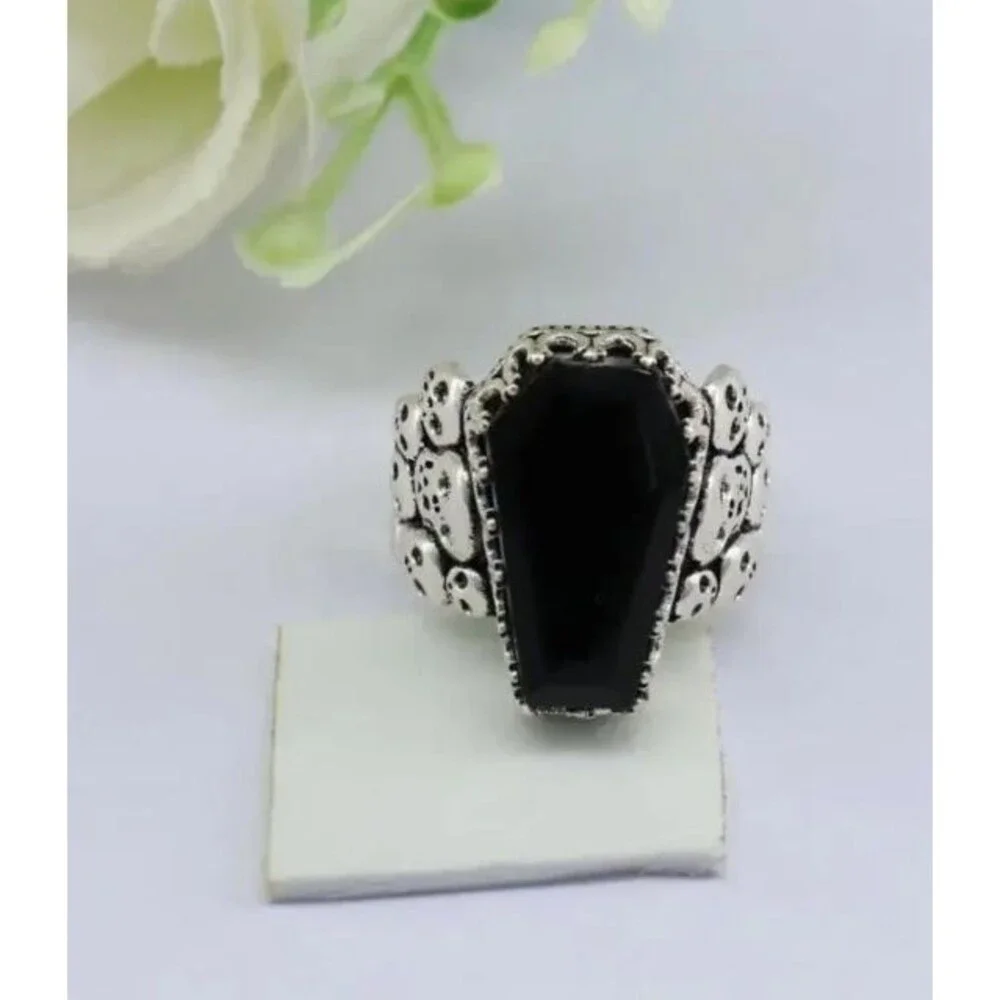 Mens Black Casket Coffin Skulls Ring 8 Crystal Eyes Women